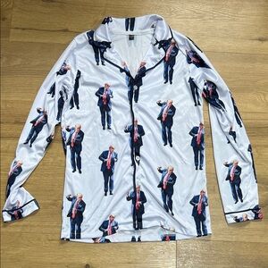 White Novelty Long-Sleeve Button Shirt with Navy Trim and Donald Trump Graphic